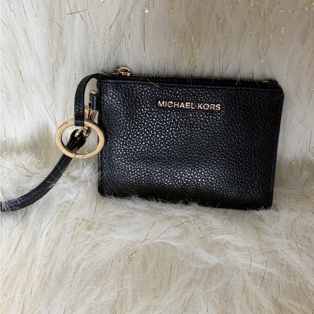Michael Kors Black Pebbled Leather Wristlet Card Case with Gold Accents